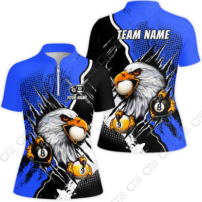 Customized Billiards Stand Collar Quarter-Zip Short Sleeve Women's Shirt, 8 & 9 Ball Billiard Eagle Comic Dot Halftone Background Color, Billiards Jerseys