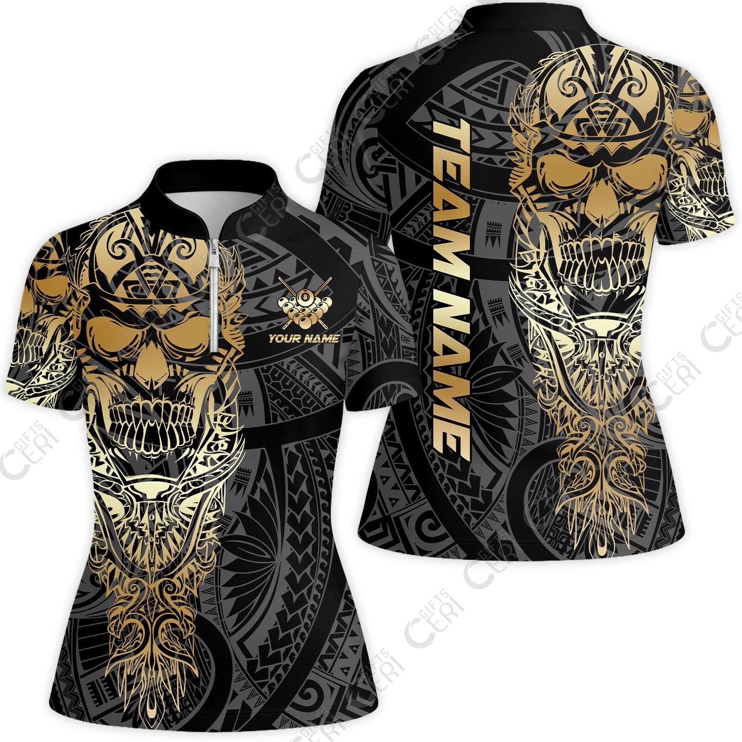 Customized 8 Ball Pool Stand Collar Quarter Zip Short Sleeve Women's Shirt, 8-Ball Billiard Ethnic Tribal Style Pattern, Billiards Jerseys