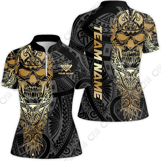 Customized 8 Ball Pool Stand Collar Quarter Zip Short Sleeve Women's Shirt, 8-Ball Billiard Ethnic Tribal Style Pattern, Billiards Jerseys