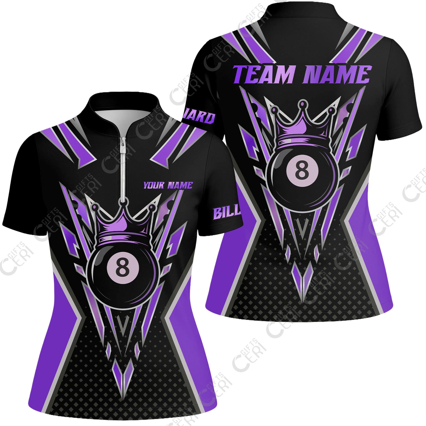 Customized 8 Ball Pool Stand Collar Quarter Zip Short Sleeve Women's Shirt, Billiard 8-Ball Crown, Billiard Jerseys
