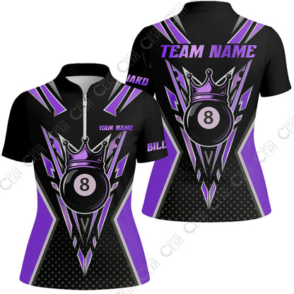 Customized 8 Ball Pool Stand Collar Quarter Zip Short Sleeve Women's Shirt, Billiard 8-Ball Crown, Billiard Jerseys