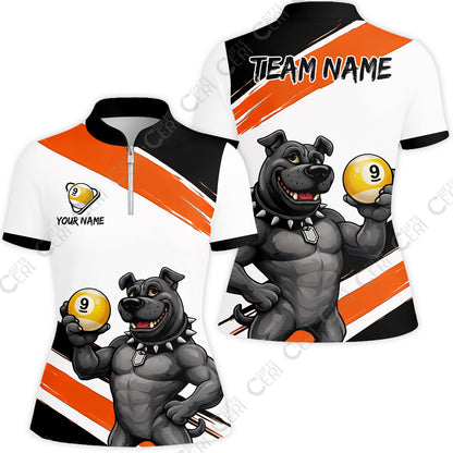Customized Billiards Stand Collar Quarter Zip Short Sleeve Women's Shirt, Personalized Pitbull 9 Ball Jersey Gift For Billiard Players