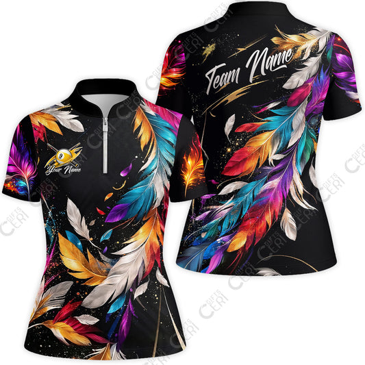 Customized 9 Ball Pool Stand Collar Quarter-Zip Short Sleeve Women's Shirt, Feather Splash Billiard 9-ball, Personalized Billiards Jersey