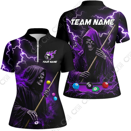Customized 8 Ball Pool Stand Collar Quarter Zip Short Sleeve Women's Shirt, The Death Plays Billiards 8-Ball Flame, Billiards Jerseys