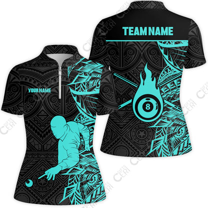 Customized 8 Ball Pool Stand Collar Quarter Zip Short Sleeve Women's Shirt, 8-Ball Billiards Tattoo Pattern, Billiards Jerseys