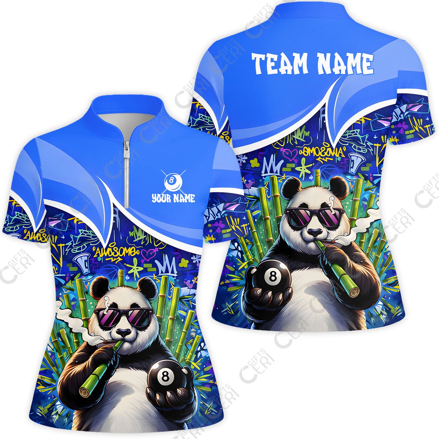 Customized 8 Ball Pool Stand Collar Quarter Zip Short Sleeve Women's Shirt, 8-Ball Panda Bamboo Billiards, Billiards Jerseys