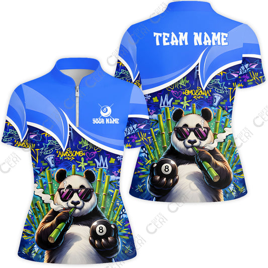 Customized 8 Ball Pool Stand Collar Quarter Zip Short Sleeve Women's Shirt, 8-Ball Panda Bamboo Billiards, Billiards Jerseys