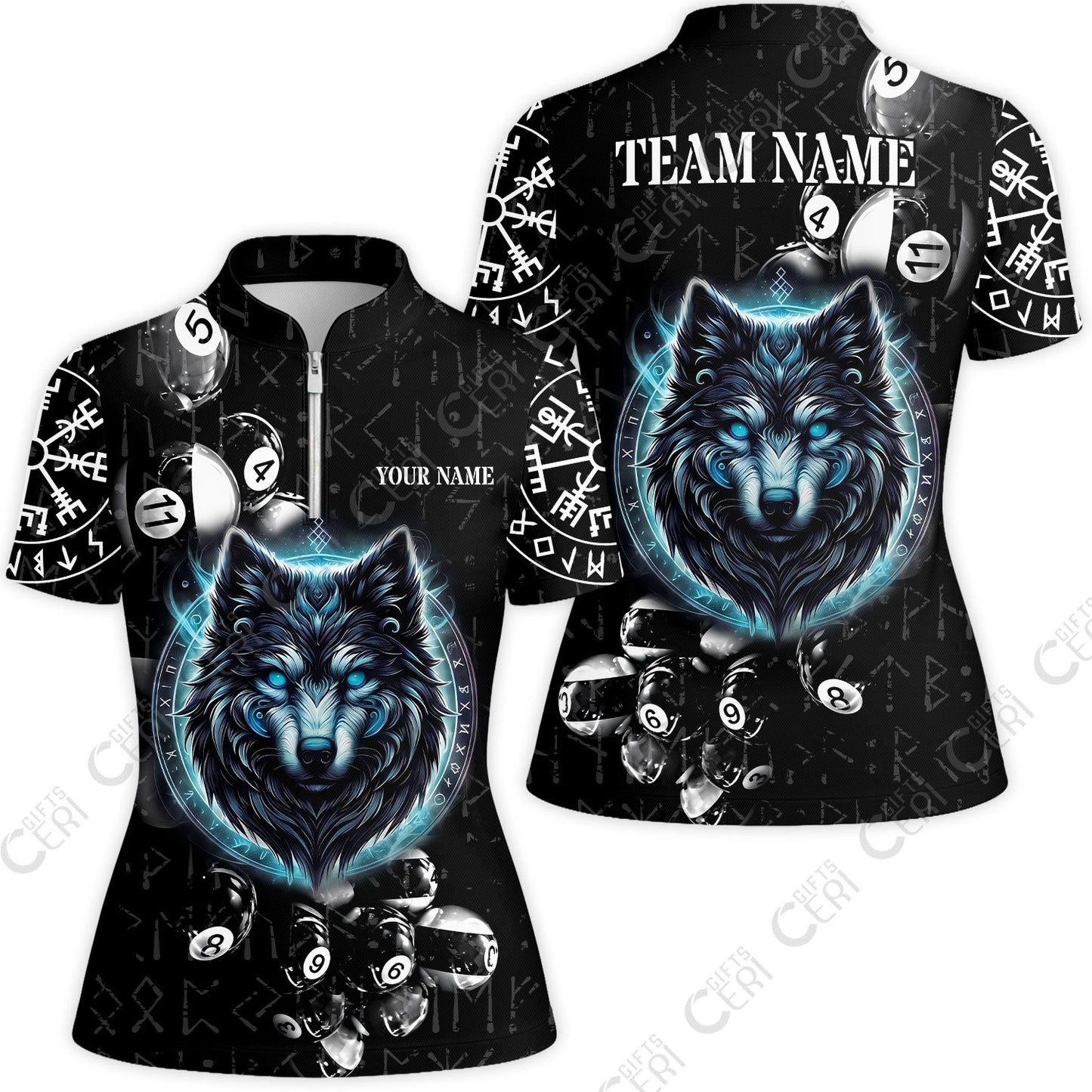Customized Billiards Stand Collar Quarter-Zip Short Sleeve Women's Shirt, Wolf Runic Viking Black Grunge Alphabet, Billiards Jerseys