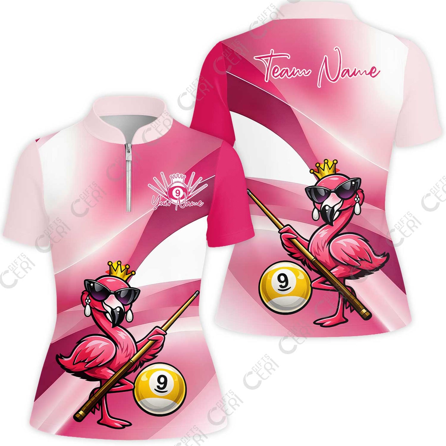 Customized 9 Ball Pool Stand Collar Quarter-Zip Short Sleeve Women's Shirt, Pink Flamingo Billiards 9-Ball, Personalized Billiards Jersey