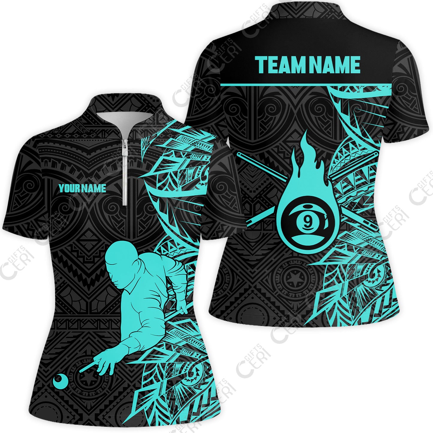 Customized 9 Ball Pool Stand Collar Quarter Zip Short Sleeve Women's Shirt, 9-Ball Billiards Tattoo Pattern, Billiards Jerseys