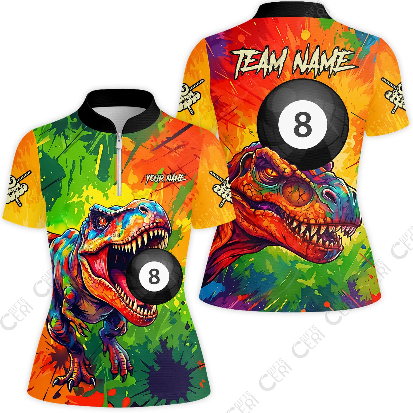 Customized 8 Ball Pool Stand Collar Quarter-Zip Short Sleeve Women's Shirt, Dinosaur Colorful Splash Paint Billiard 8-Ball, Personalized Billiards Jersey