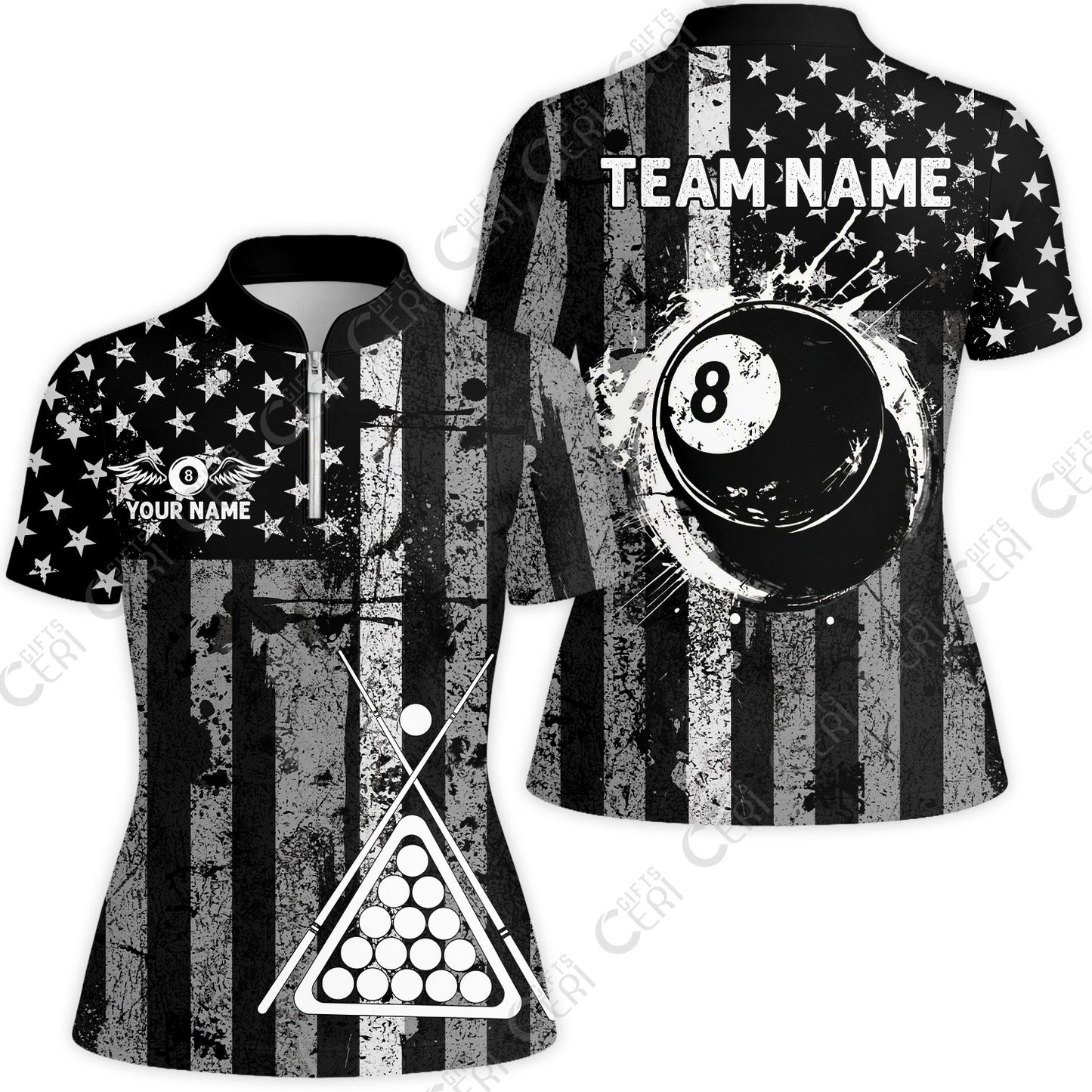Customized 8 Ball Pool Stand Collar Quarter-Zip Short Sleeve Women's Shirt, Distressed American Flag Pattern, Billiards Jerseys