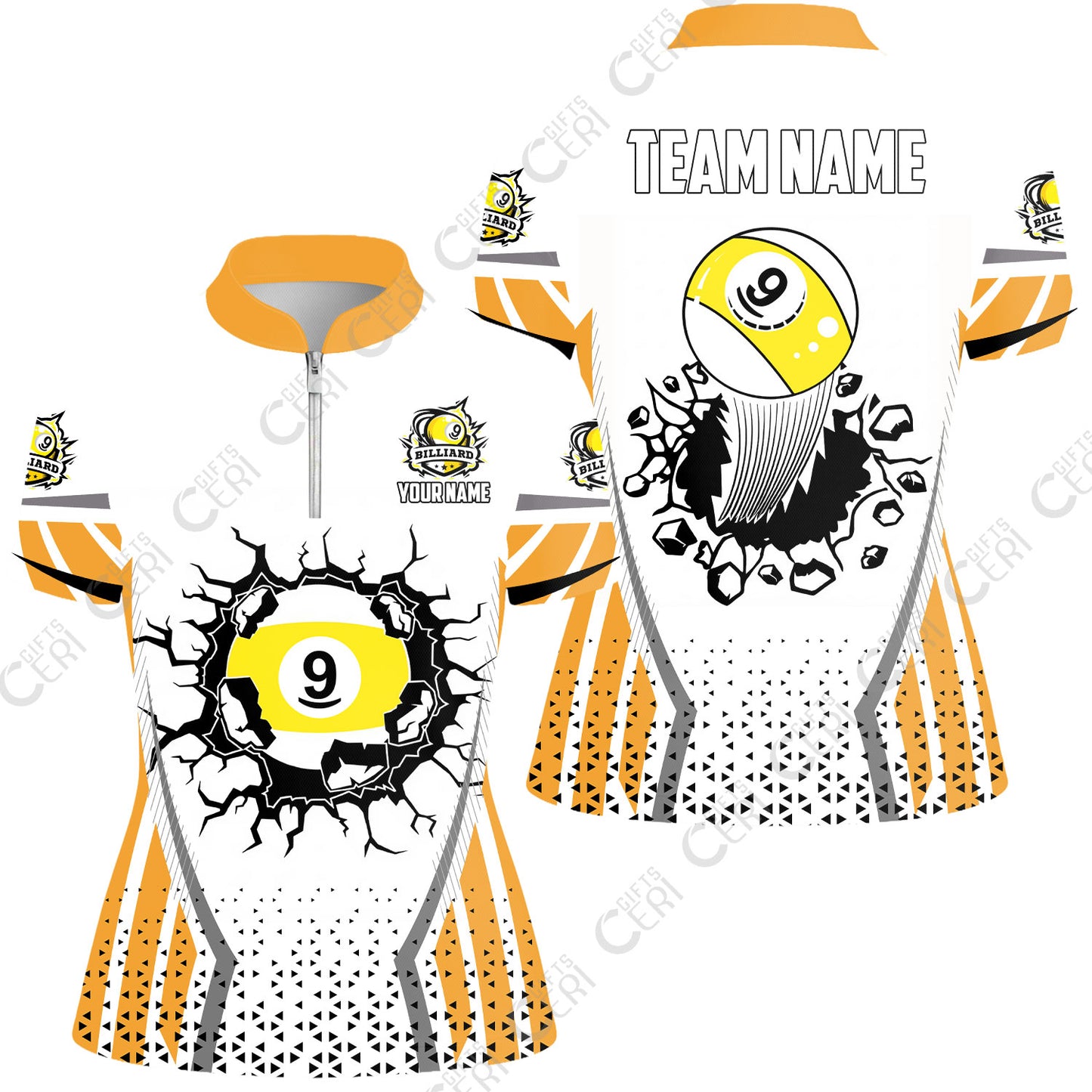 Customized 9 Ball Pool Stand Collar Quarter Zip Short Sleeve Women's Shirt, Billiard Triangle Pattern, 9-Ball Breaks The Wall, Billiard Jerseys