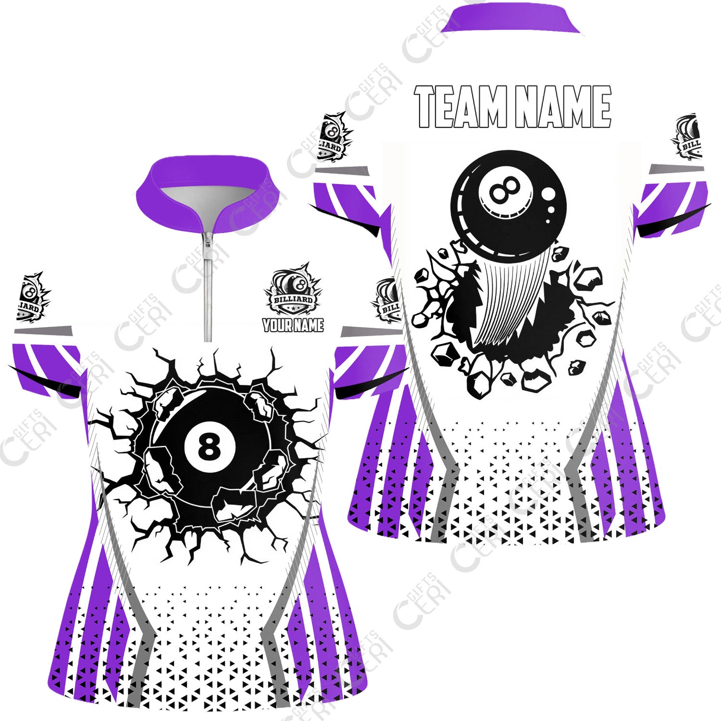 Customized 8 Ball Pool Stand Collar Quarter Zip Short Sleeve Women's Shirt, Billiard Triangle Pattern, 8-Ball Breaks The Wall, Billiard Jerseys