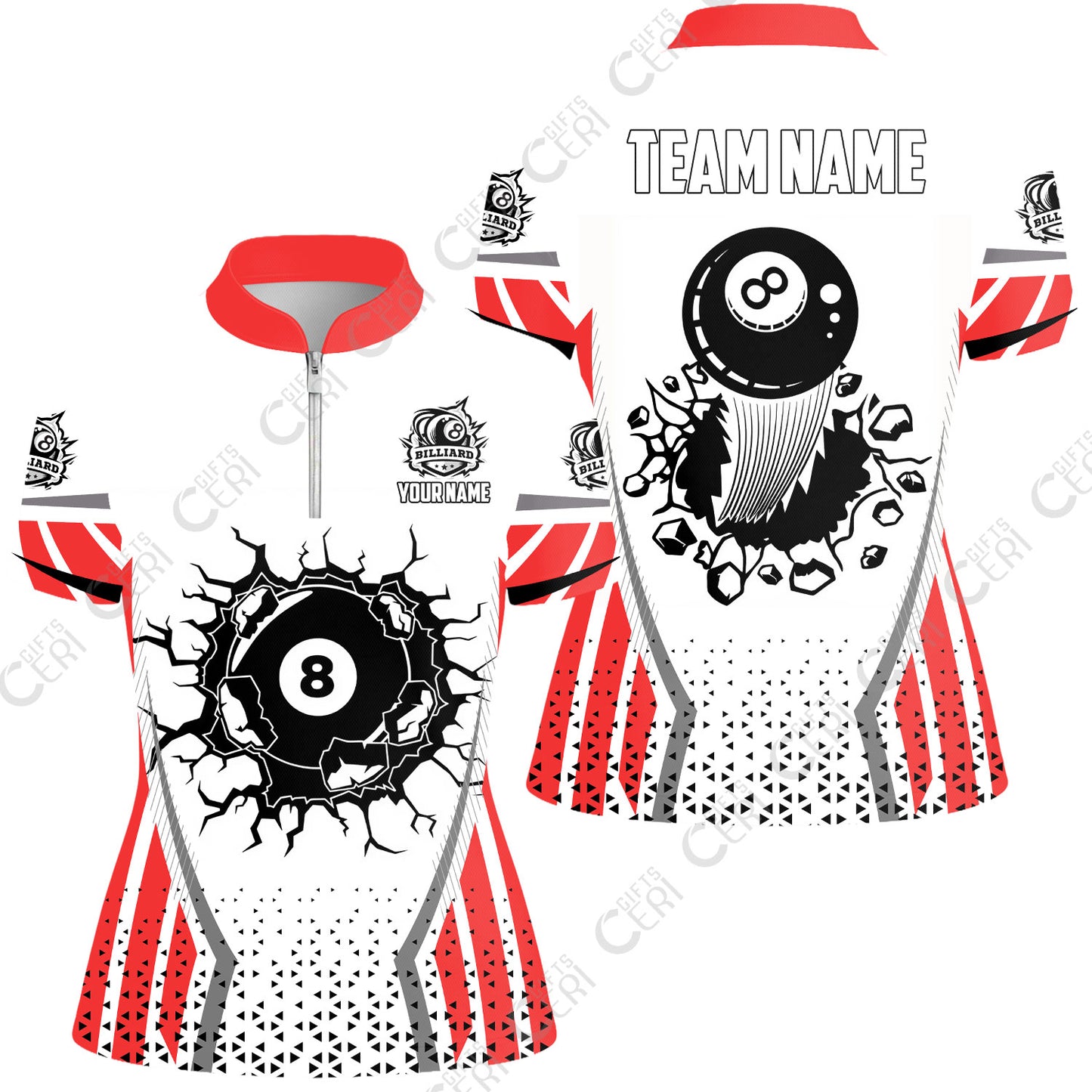 Customized 8 Ball Pool Stand Collar Quarter Zip Short Sleeve Women's Shirt, Billiard Triangle Pattern, 8-Ball Breaks The Wall, Billiard Jerseys