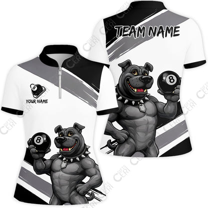 Customized Billiards Stand Collar Quarter Zip Short Sleeve Women's Shirt, Personalized Pitbull 8 Ball Jersey Gift For Billiard Players