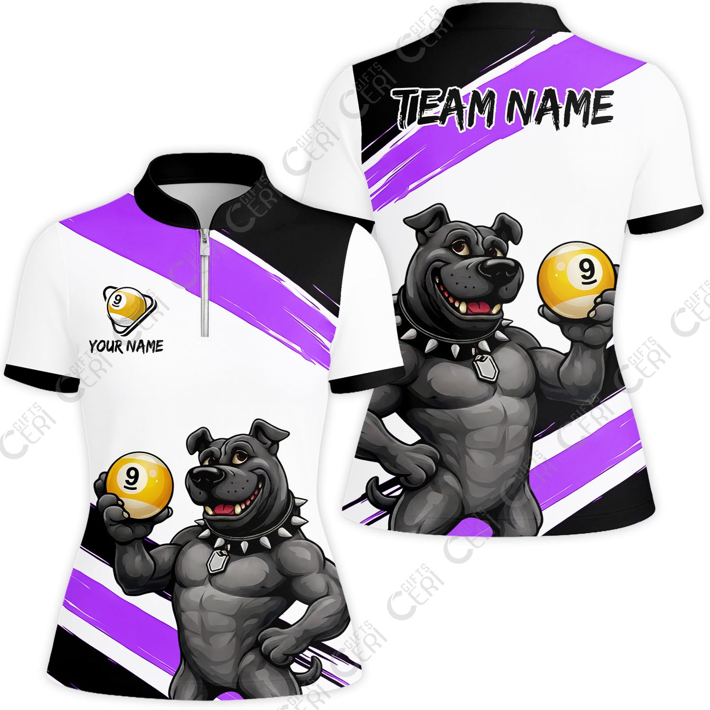 Customized Billiards Stand Collar Quarter Zip Short Sleeve Women's Shirt, Personalized Pitbull 9 Ball Jersey Gift For Billiard Players