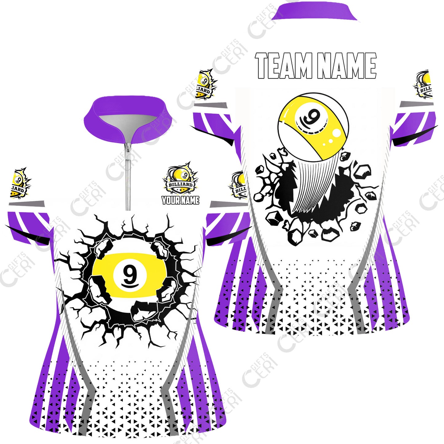 Customized 9 Ball Pool Stand Collar Quarter Zip Short Sleeve Women's Shirt, Billiard Triangle Pattern, 9-Ball Breaks The Wall, Billiard Jerseys