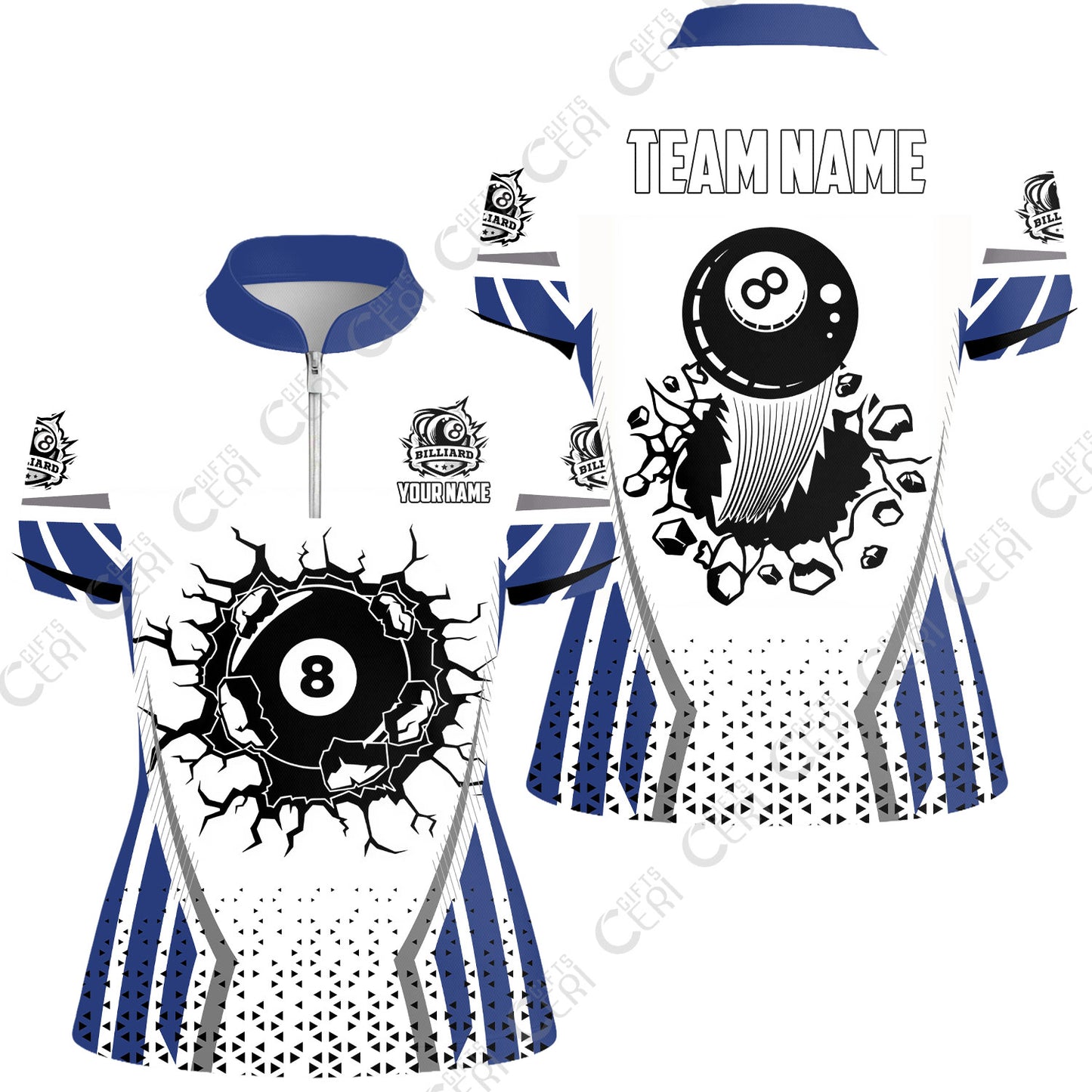 Customized 8 Ball Pool Stand Collar Quarter Zip Short Sleeve Women's Shirt, Billiard Triangle Pattern, 8-Ball Breaks The Wall, Billiard Jerseys