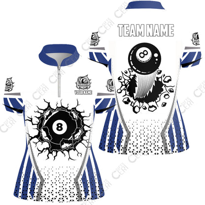 Customized 8 Ball Pool Stand Collar Quarter Zip Short Sleeve Women's Shirt, Billiard Triangle Pattern, 8-Ball Breaks The Wall, Billiard Jerseys