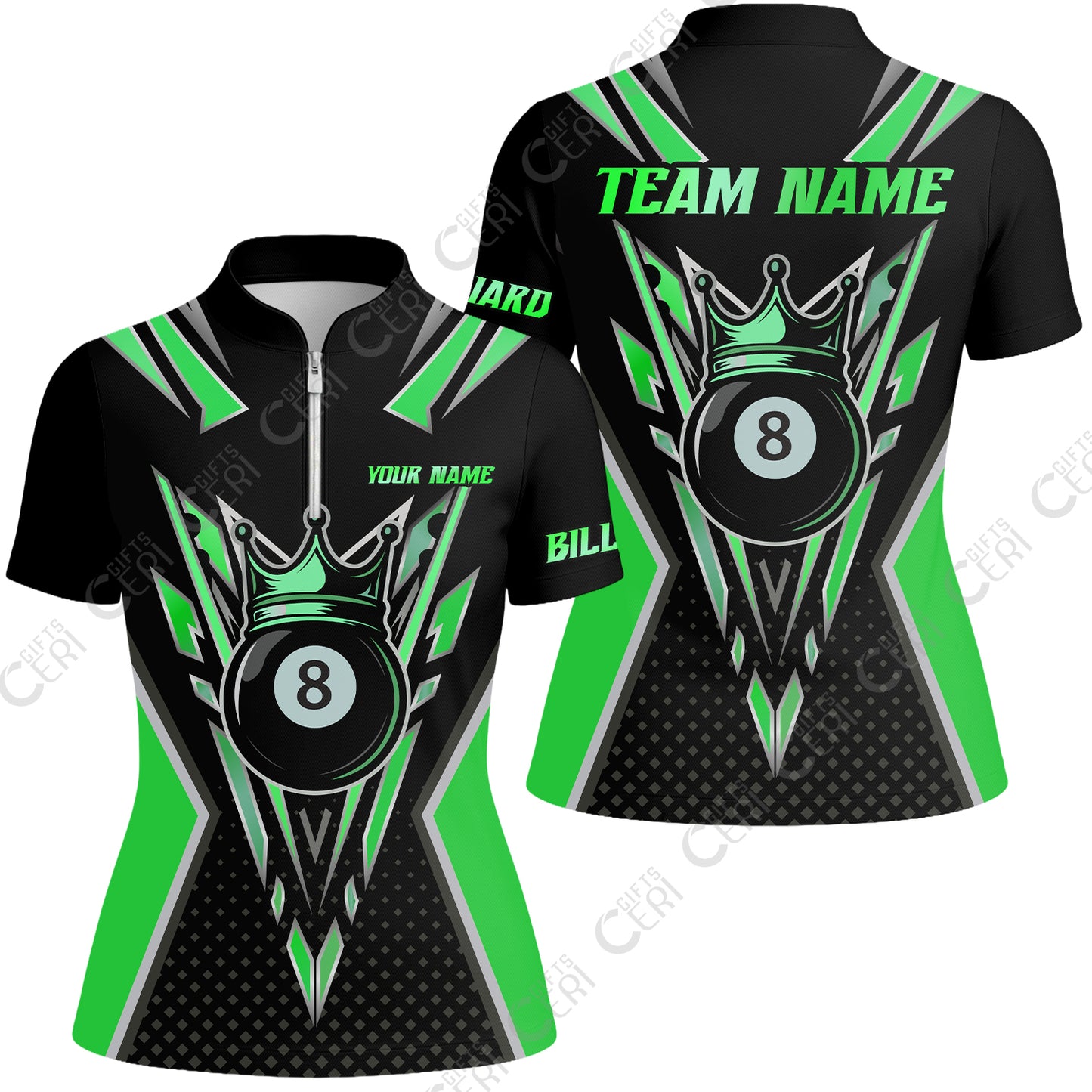 Customized 8 Ball Pool Stand Collar Quarter Zip Short Sleeve Women's Shirt, Billiard 8-Ball Crown, Billiard Jerseys