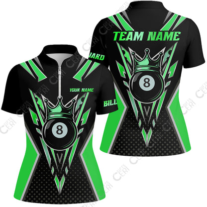Customized 8 Ball Pool Stand Collar Quarter Zip Short Sleeve Women's Shirt, Billiard 8-Ball Crown, Billiard Jerseys