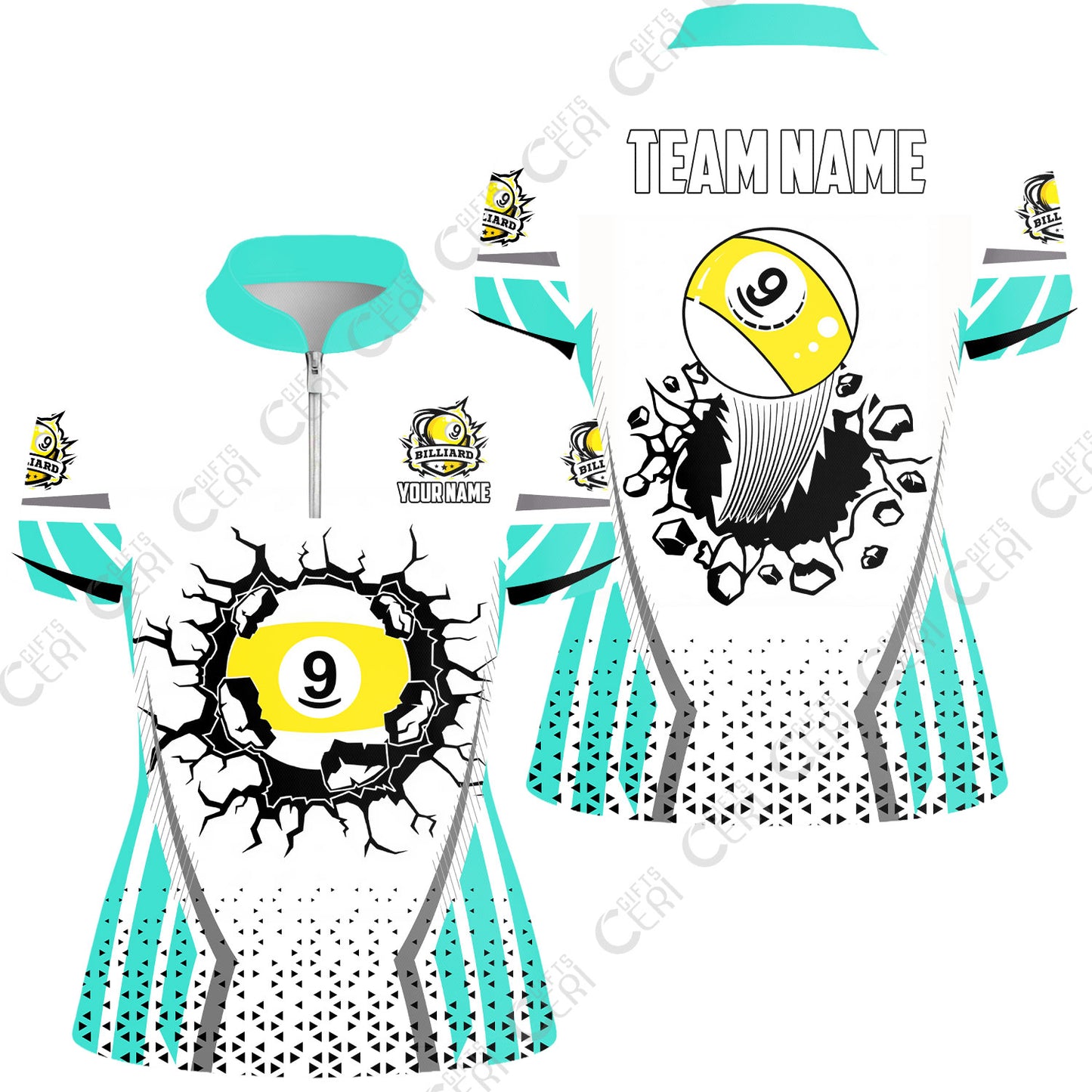 Customized 9 Ball Pool Stand Collar Quarter Zip Short Sleeve Women's Shirt, Billiard Triangle Pattern, 9-Ball Breaks The Wall, Billiard Jerseys