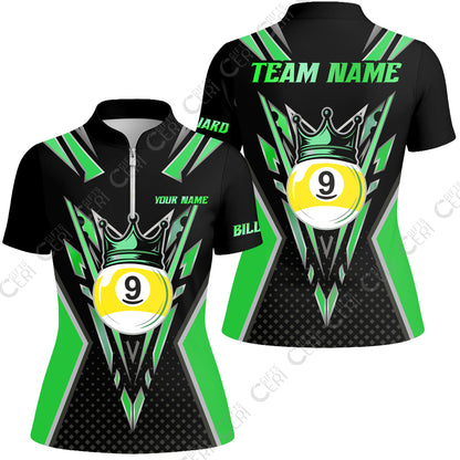 Customized 9 Ball Pool Stand Collar Quarter Zip Short Sleeve Women's Shirt, Billiard 9-Ball Crown, Billiard Jerseys