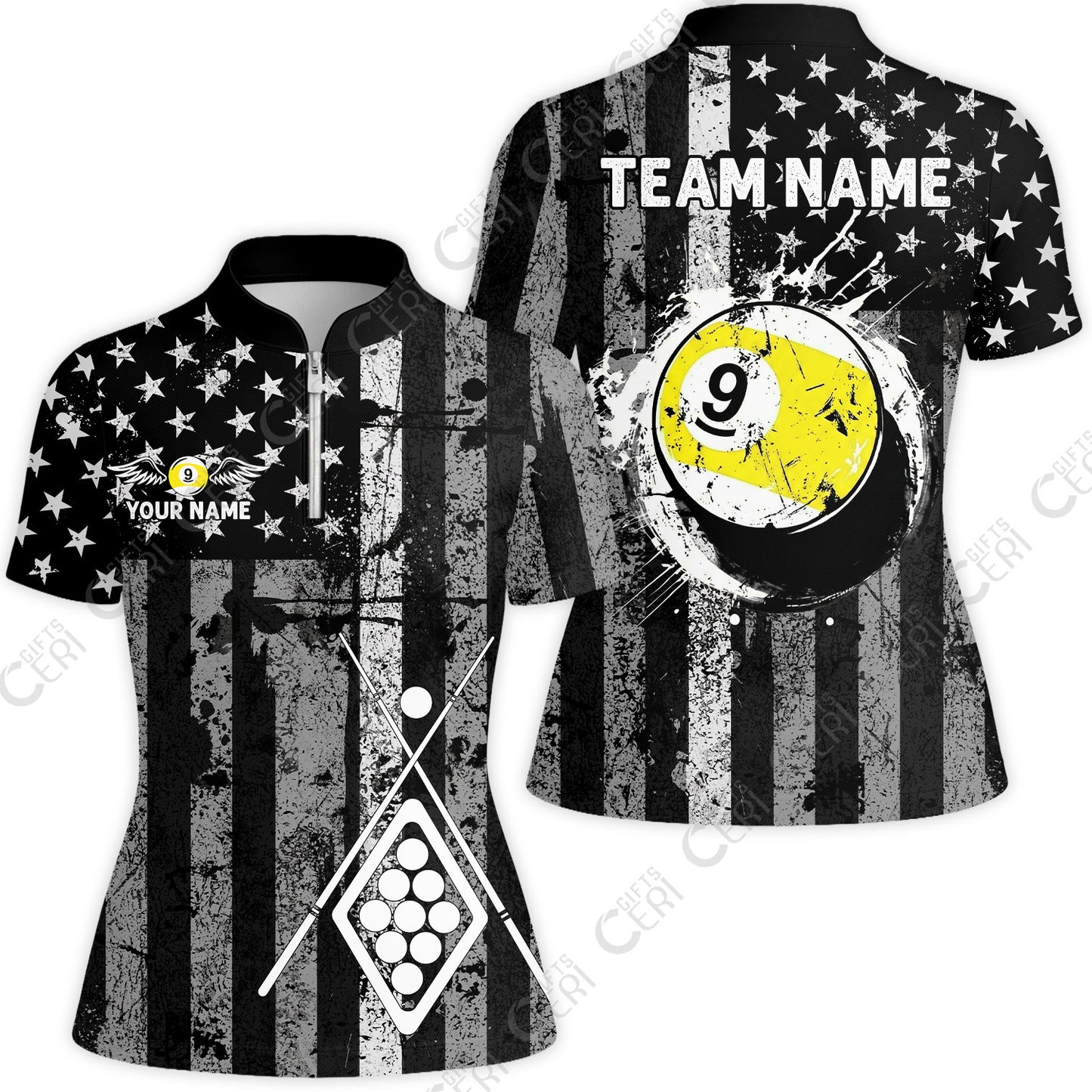 Customized 9 Ball Pool Stand Collar Quarter-Zip Short Sleeve Women's Shirt, Distressed American Flag Pattern, Billiards Jerseys