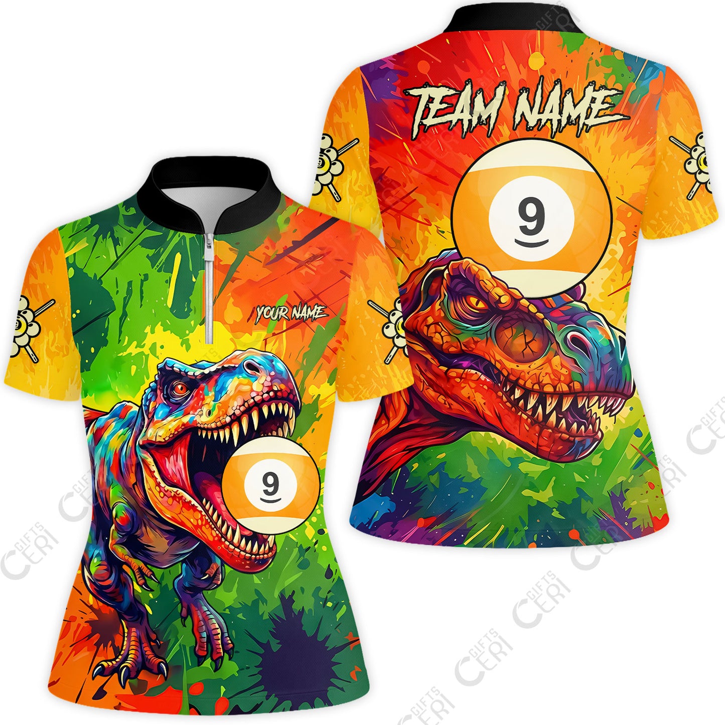 Customized 9 Ball Pool Stand Collar Quarter-Zip Short Sleeve Women's Shirt, Dinosaur Colorful Splash Paint Billiard 9-Ball, Personalized Billiards Jersey