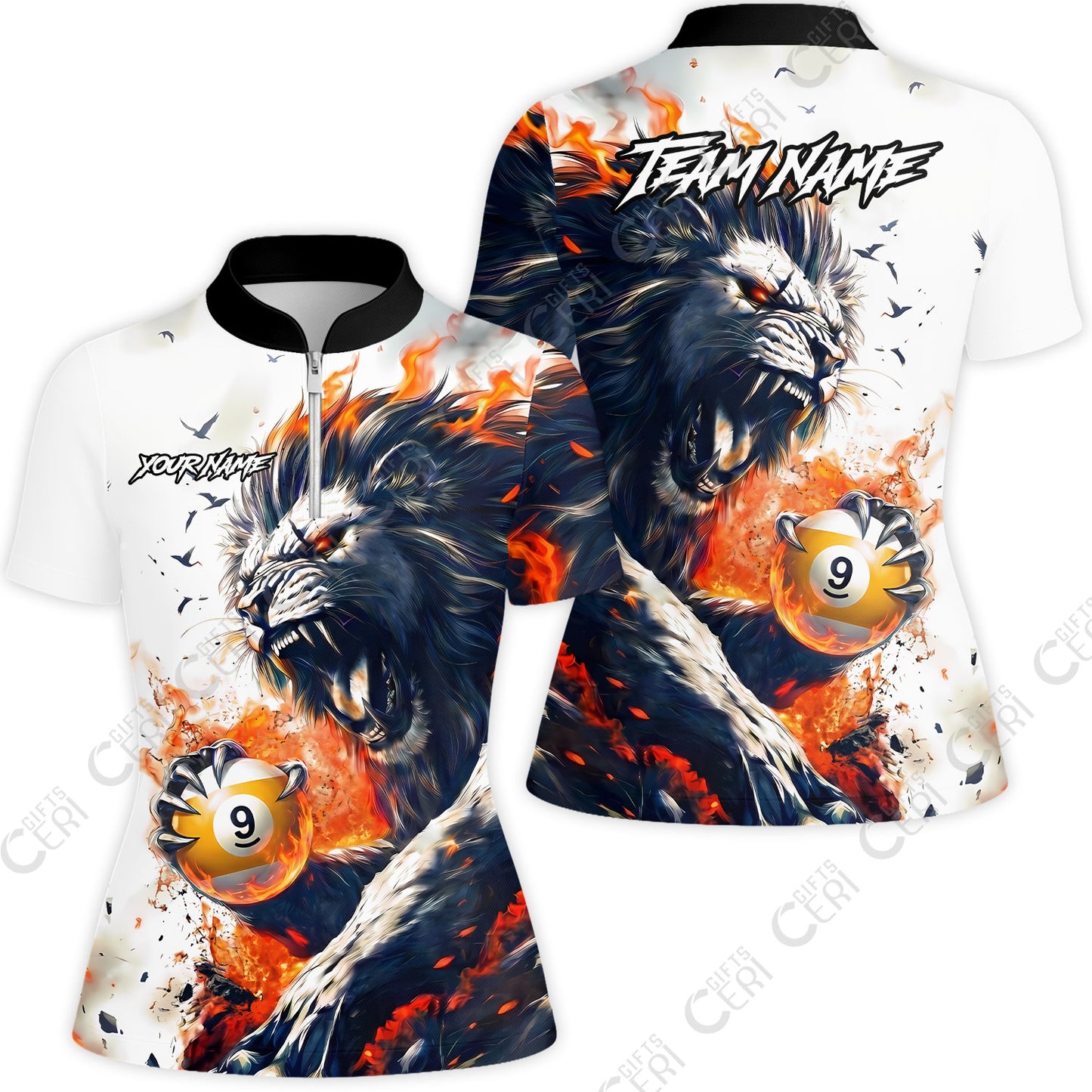 Customized 9 Ball Pool Stand Collar Quarter-Zip Short Sleeve Women's Shirt, Lion Fire Lava 9-Ball, Personalized Billiards Jersey