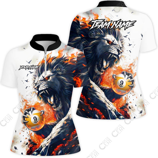 Customized 9 Ball Pool Stand Collar Quarter-Zip Short Sleeve Women's Shirt, Lion Fire Lava 9-Ball, Personalized Billiards Jersey