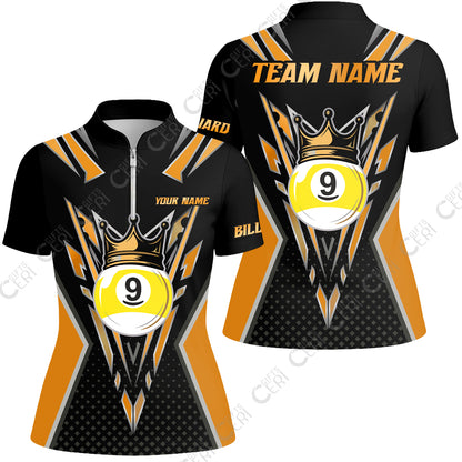 Customized 9 Ball Pool Stand Collar Quarter Zip Short Sleeve Women's Shirt, Billiard 9-Ball Crown, Billiard Jerseys