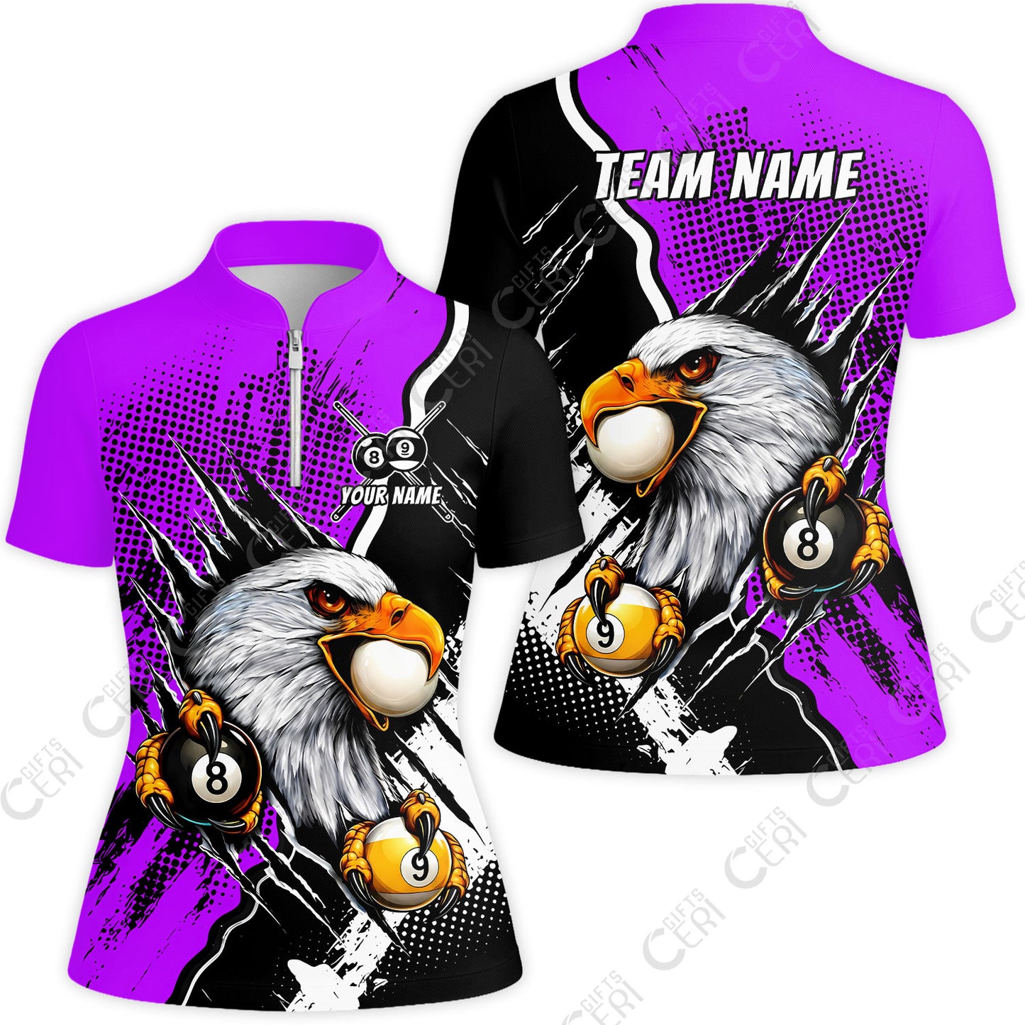 Customized Billiards Stand Collar Quarter-Zip Short Sleeve Women's Shirt, 8 & 9 Ball Billiard Eagle Comic Dot Halftone Background Color, Billiards Jerseys