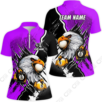 Customized Billiards Stand Collar Quarter-Zip Short Sleeve Women's Shirt, 8 & 9 Ball Billiard Eagle Comic Dot Halftone Background Color, Billiards Jerseys
