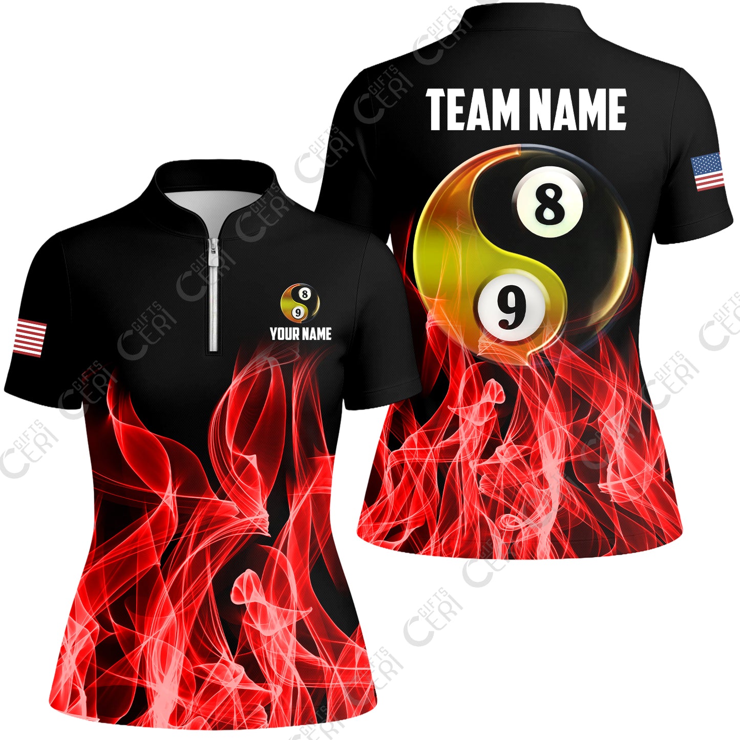 Customized Billiard Stand Collar Quarter Zip Short Sleeve Women's Shirt, Billiard 8-Ball And 9-Ball Yin-Yang Flame, Billiard Jerseys
