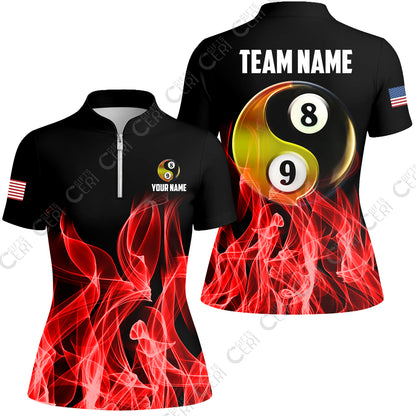 Customized Billiard Stand Collar Quarter Zip Short Sleeve Women's Shirt, Billiard 8-Ball And 9-Ball Yin-Yang Flame, Billiard Jerseys