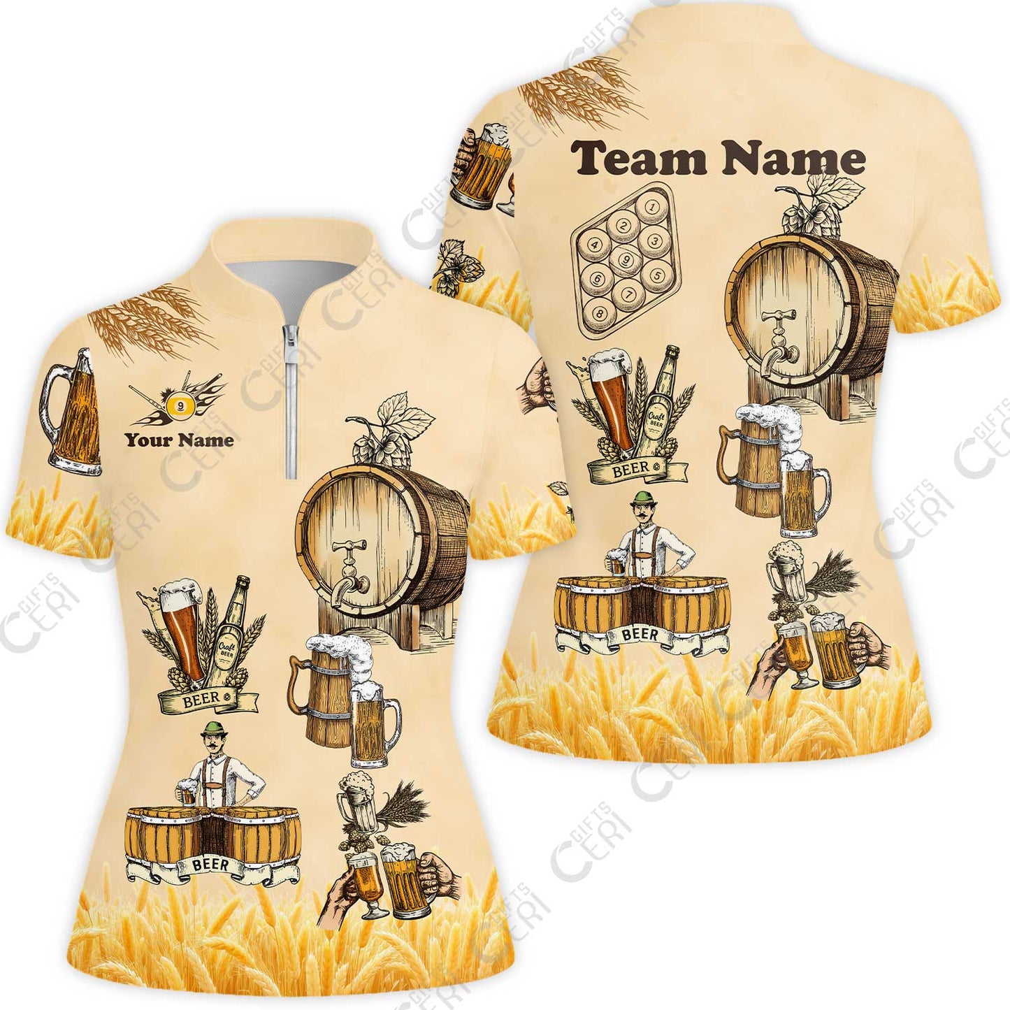 Customized 9 Ball Pool Stand Collar Quarter-Zip Short Sleeve Women's Shirt, Beer 3 Scale Billiard 9-ball, Personalized Billiards Jersey