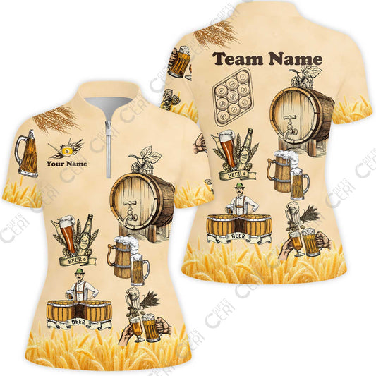 Customized 9 Ball Pool Stand Collar Quarter-Zip Short Sleeve Women's Shirt, Beer 3 Scale Billiard 9-ball, Personalized Billiards Jersey