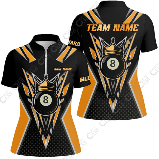 Customized 8 Ball Pool Stand Collar Quarter Zip Short Sleeve Women's Shirt, Billiard 8-Ball Crown, Billiard Jerseys