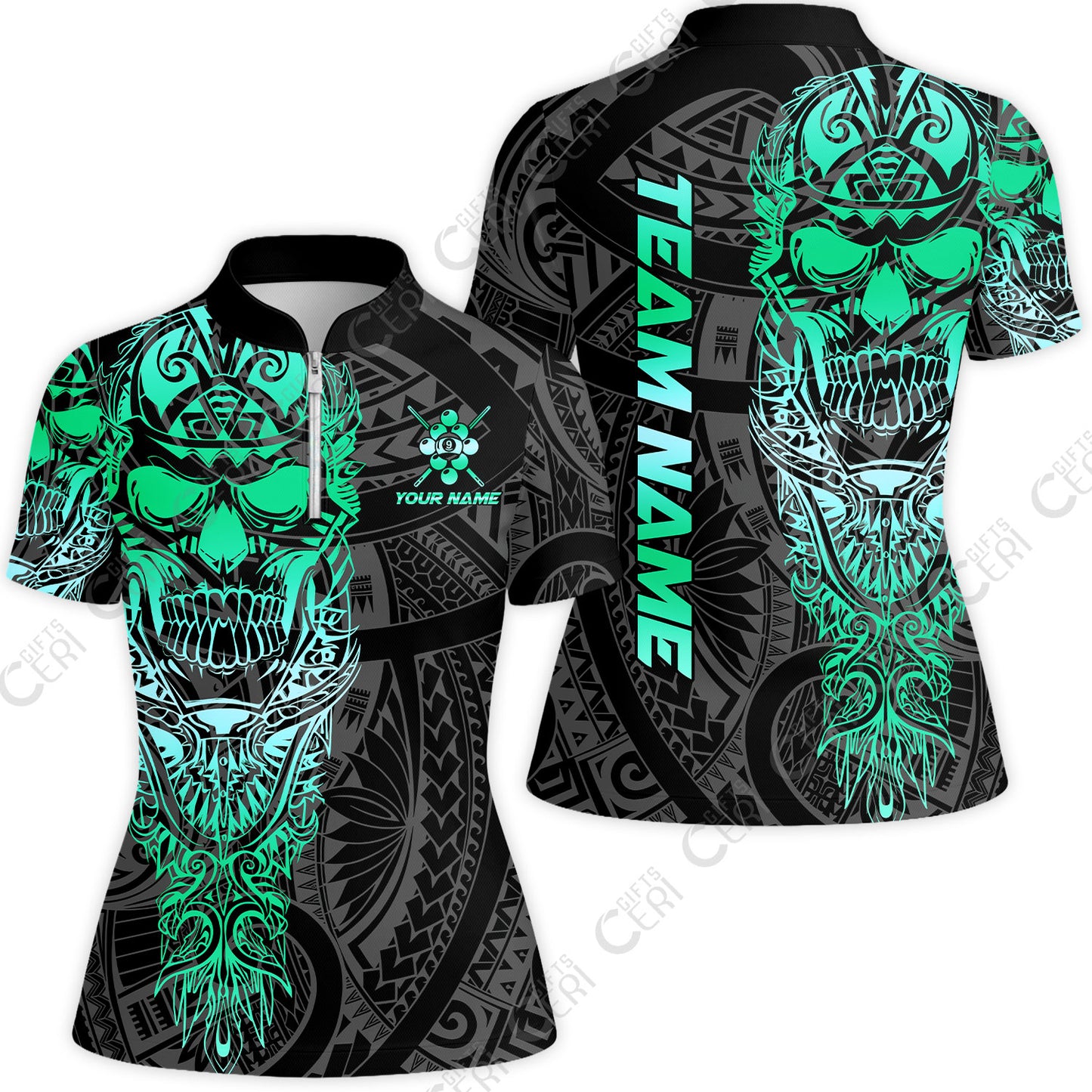 Customized 9 Ball Pool Stand Collar Quarter Zip Short Sleeve Women's Shirt, 9-Ball Billiard Ethnic Tribal Style Pattern, Billiards Jerseys