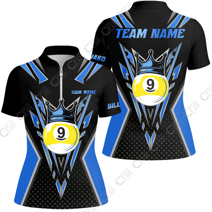 Customized 9 Ball Pool Stand Collar Quarter Zip Short Sleeve Women's Shirt, Billiard 9-Ball Crown, Billiard Jerseys