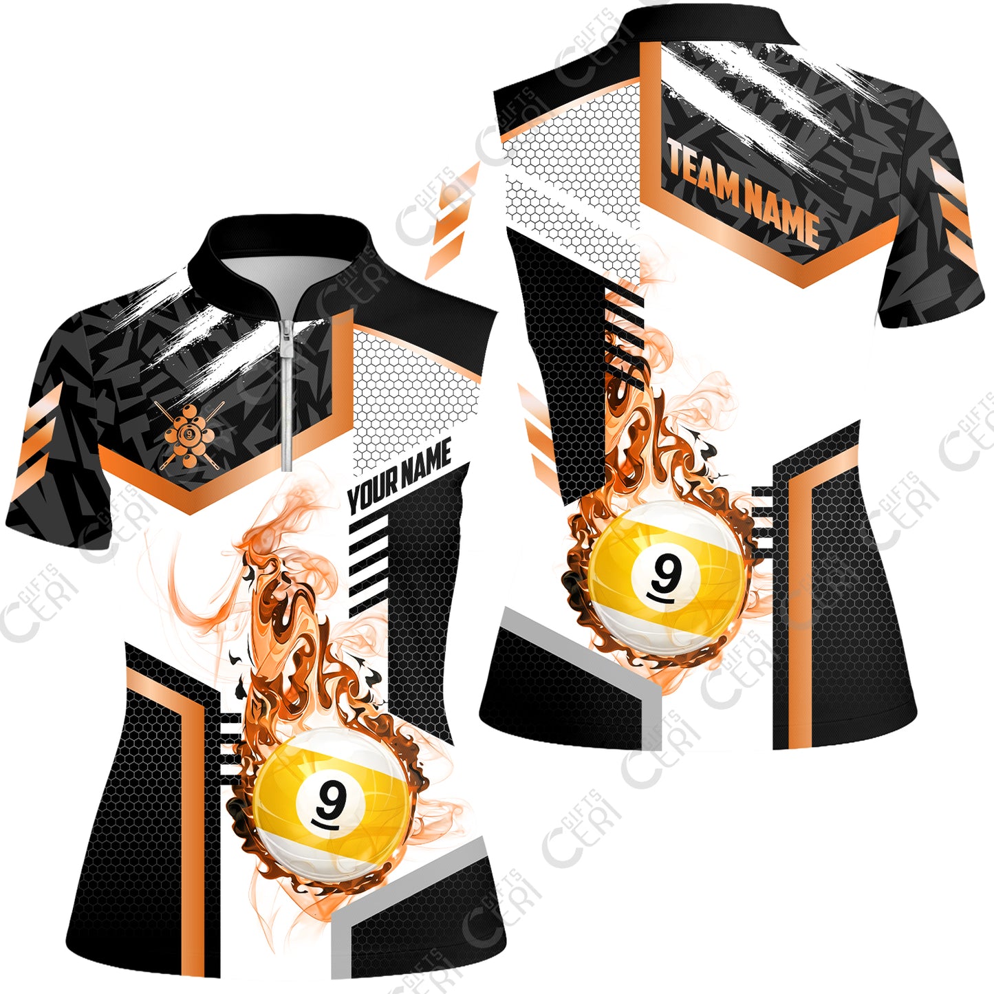 Customized 9 Ball Pool Stand Collar Quarter Zip Short Sleeve Women's Shirt, Flaming 9-Ball Graphic, Billiards Jersey