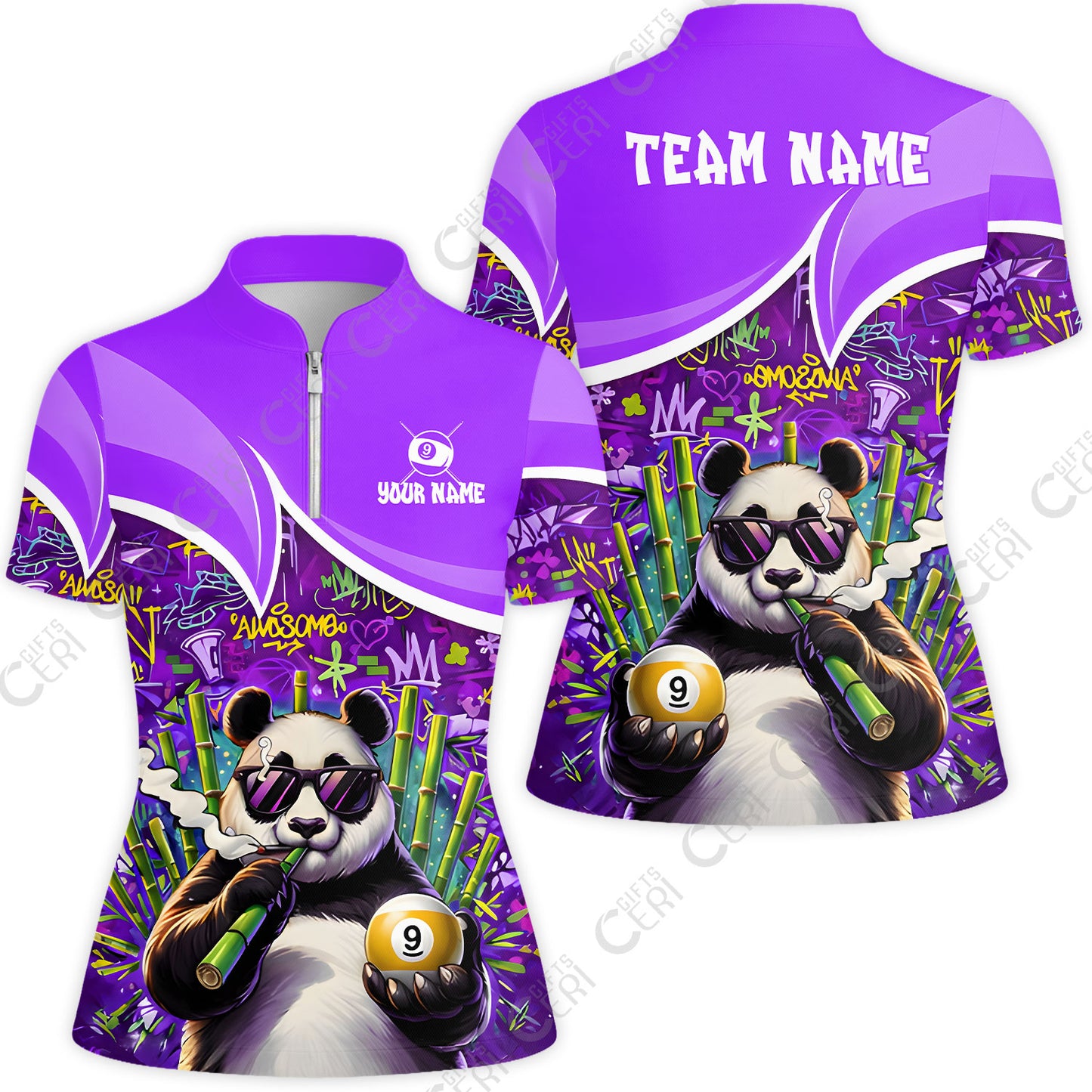 Customized 9 Ball Pool Stand Collar Quarter Zip Short Sleeve Women's Shirt, 9-Ball Panda Bamboo Billiards, Billiards Jerseys