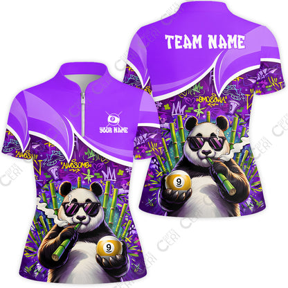 Customized 9 Ball Pool Stand Collar Quarter Zip Short Sleeve Women's Shirt, 9-Ball Panda Bamboo Billiards, Billiards Jerseys