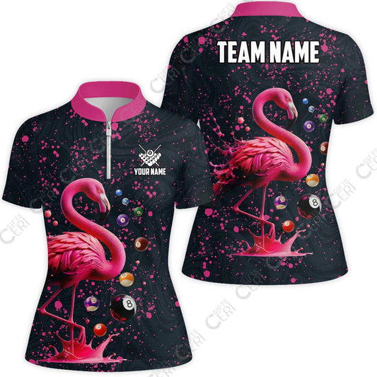 Customized 8 Ball Pool Stand Collar Quarter-Zip Short Sleeve Women's Shirt, Flamingo Pink Splat Billiard, Personalized Billiards Jersey