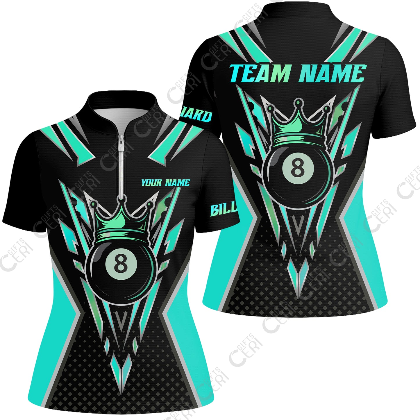 Customized 8 Ball Pool Stand Collar Quarter Zip Short Sleeve Women's Shirt, Billiard 8-Ball Crown, Billiard Jerseys