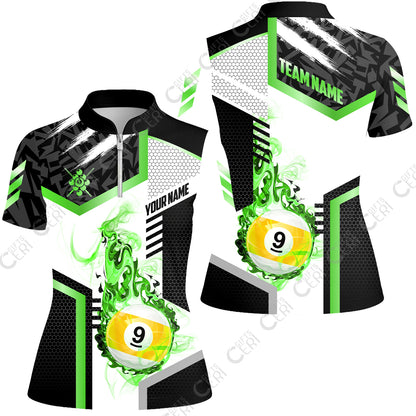 Customized 9 Ball Pool Stand Collar Quarter Zip Short Sleeve Women's Shirt, Flaming 9-Ball Graphic, Billiards Jersey