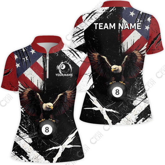 Customized 8 Ball Pool Stand Collar Quarter-Zip Short Sleeve Women's Shirt, Eagle Billiard American Flag 8-ball, Personalized Billiards Jersey