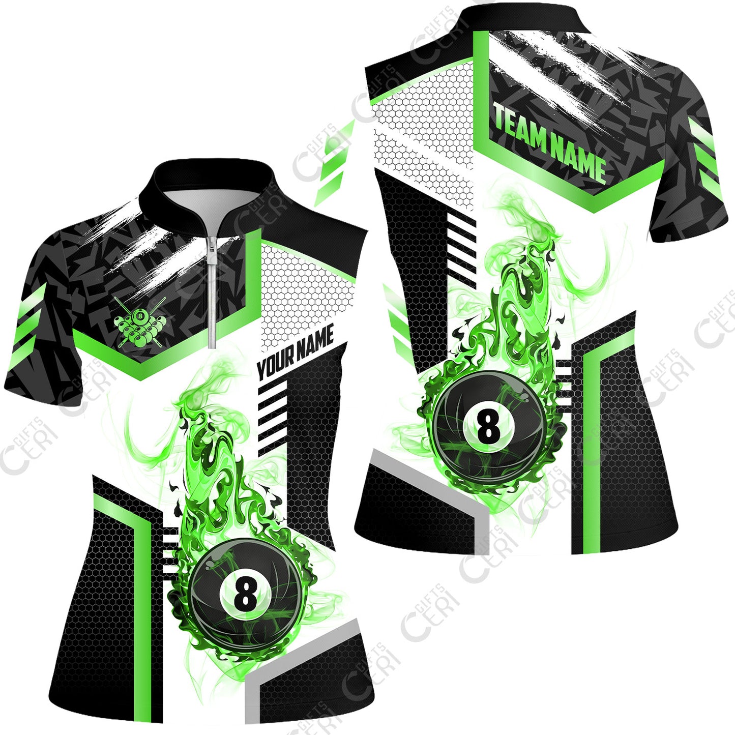 Customized Billiards Stand Collar Quarter Zip Short Sleeve Women's Shirt, Flaming 8-Ball Graphic, 8 Ball Pool Jersey
